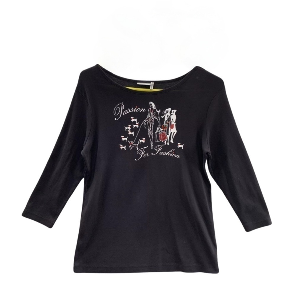 Nicole Miller Graphic Passion For Fashion Black 3/4 Sleeve NWT Top Blouse XL
